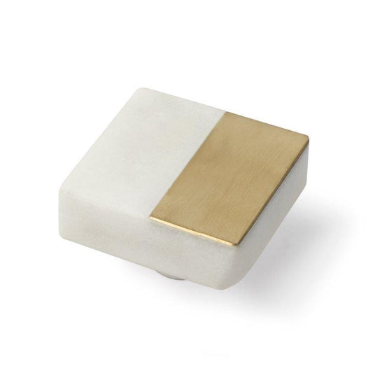 White Marble - Brass Square Knob