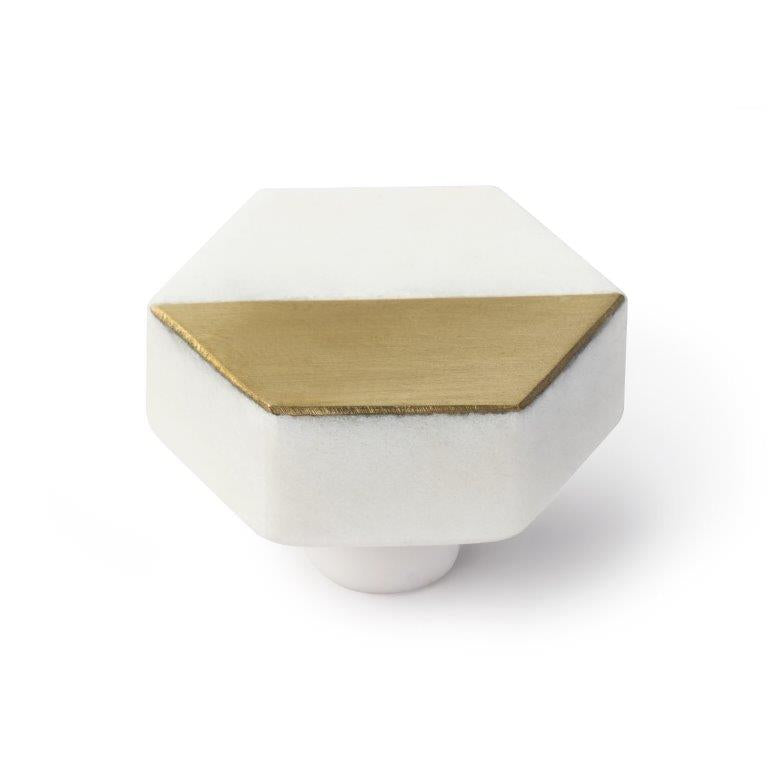 White Marble - Brass Hexagonal Knob